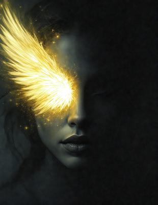 The primary subject of the image is a woman with a bird-like eye, which is a digital art or illustration. The setting is a dark background, and the visual style is a combination of digital art and drawing. The colors and mood of the image are predominantly dark, with the bird-like eye being the focal point and creating a mysterious and intriguing atmosphere.